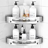 PNNP Duschablage Ohne Bohren - Silber, Duschregal Ecke Edelstahl 2 Stück, Badezimmer Regal Selbst Klebend Mit 6 x Klebrige Haken, Badregal Ohne Bohren für Küche Bad Duschkorb zum Hängen