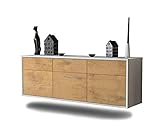 Lowboard Virginia Beach hängend (136x47x35cm) Korpus weiß matt - Front Holz-Design Eiche - Push to Open - hochwertige Leichtlaufschienen