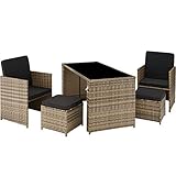 TecTake Poly Rattan Sitzgruppe, 5- teiliges Lounge Gartenmöbel Set mit Tisch, Sessel & Hocker, Essgruppe für bis zu 4 Personen, Garten und Balkon Möbel inkl. Polster - Natur