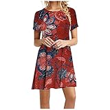Damen A-Linie Kleid 60 Jahre 3/4 Ärmel,Kleid Mit Hose Drunter Kleider Für Hochzeitsgäste Mädchen Sexy Kleid Damen(Rot-3,XXL)