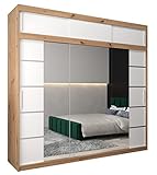 Kryspol Schwebetürenschrank Verona 4 250 cm mit Spiegel Kleiderschrank mit Kleiderstange und Einlegeboden Schlafzimmer- Wohnzimmerschrank Schiebetüren (Artisan Eiche + Weiß mit Erweiterung)