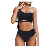 LoveLeiter Damen Bikini Set Neckholder One Shoulder Bandeau Bikinioberteil Rückenfrei Strandmode Zweiteiliger Asymmetrischer Badeanzug High Waist Bikinihose Retro Bademode Mode Strandbikini