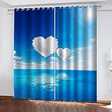 Verdunkelungsvorhang Mit Ösen, Schallschutz Vorhänge Blickdicht 3D Blauer Himmel Herzförmige Weiße Wolken Muster - Thermogardine Für Kinderzimmer Schlafzimmer Wohnzimmer Fensterdekoration 214X200cm (