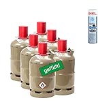 CAGO 6 x Propan-Gas-Flasche 5kg gefüllt, voll, inkl. Lecksuchspray für Camping, Gasgrill, Gaskocher