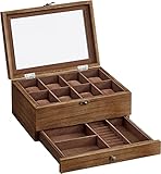 SONGMICS Uhrenbox mit 8 Fächern, Uhrenkasten aus Massivholz, mit Glasdeckel, für Ringe, Armbänder und Halsketten, Weihnachten, walnussfarben JOW008K01