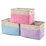 EZOWare Aufbewahrungskorb aus Leinen mit Griffen, Faltbare Aufbewahrungsbox, Canvas Stoffkorb für die Organisation Kinderzimmer, Spielzeug, Schrank – 3er Set (Creme Mischfarbe)