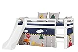 Hoppekids Basic Halbhohes Bett mit Rutsche, Matratzen und Construction Vorhänge, Kiefer massiv und Baumwolle, Weiß, 208 x 195 x 105 cm