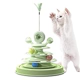 tacery Turntable Ball Katzenspielzeug,360 ° drehbare Katzenspielzeug-Kugelbahn - 4-stufige Katzenroller-Kugelbahn mit Katzenminze und drehender Windmühle, Katzenfeder-Stick-Spielzeug für Kätzchen