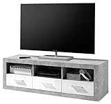STONE TV-Lowboard in Beton Optik, Weiß Hochglanz - Moderner TV Schrank mit Schubladen und viel Stauraum für Ihr Wohnzimmer - 147 x 49 x 45 cm (B/H/T)