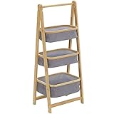 HOMCOM Standregal Lagerregal Bücherregal Bambusregal 3-stufiges Badregal Küchenregal faltbar für das Wohnzimmer Küche Bad Büro Bambus Natur+Dunkelgrau 45 x 31,5 x 108 cm