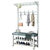 4 IN 1 Garderobe mit sitzbank und Schuhschrank Metall Industrial garderoben Multifunktional garderobenständer mit sitzbank Garderobe Flur, Geeignet für Flur, Schlafzimmer, Wohnzimmer (80 cm, Weiß)