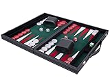 Engelhart - Luxus Backgammon 38 cm - hochwertige Materialien - Kunstleder, spezielle Filzeinlage - Perlmuttwürfel und Token + 2 Bechern - Profi- und Freizeit (grün/rot/weiß)