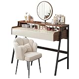 Waschtisch-Set mit beleuchtetem Spiegel - Schminkkommode mit Beleuchtung, einstellbare Helligkeit, große Schublade, stabile Holzkommode mit Hocker für Frauen und Mädchen