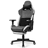 BASETBL Gaming Stuhl, Gaming Sessel mit Fußstütze, Ergonomischer Gamer-Stuhl mit Kopfstütze und Lendenwirbelstütze, Racing Stil Verstellbarer Gaming Chair, 4D Armlehne, Einstellbar bis 180°, Grau