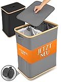 HOMEEST Wäschekorb mit Rollen| 2 Fächer mit Wäschesäcke Wäschesammler mit Deckel [148L] faltbar Wäschewanne Wäschesortierer Wäschebox Wäschetonne Wäschetruhe Bambus Waschenkorbe laundry basket (grau)