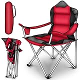 TRESKO Campingstuhl faltbar bis 150 kg | Angelstuhl Faltstuhl Klappstuhl mit Armlehnen und Getränkehalter (Rot)