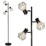 Lightess Stehlampe Vintage, 3 Flamminge Stehleuchte Wohnzimmer Schwarz mit Verstellbare Käfigköpfe, Standleuchte Industrial mit Schalter und Steckdose, 165cm