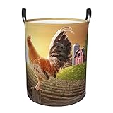 40x50cm Runder Wäschekorb Hahn Auf Holz In Farmland Print Aufbewahrungskorb Wasserdichte Beschichtung Organizer Bin
