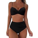 Sexy Damen-Bikini, schwarz, 2-teilig, Push-Up, hohe Taille, Glamour, Badeanzug, große Größe, mit hängendem Kragen, Schlankheitseffekt, Bademode, Strandkleidung, Schwarz, L