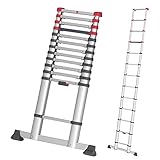 Hailo T80 FlexLine Alu Teleskopleiter | 13 Sprossen belastbar bis 150 kg | bis 3,8 m Leiterhöhe einstellbar | einzelne Sprossen ausfahrbar | farbige Verriegelungsanzeige | Quertraverse| silber