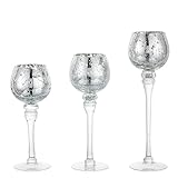 Romadedi Teelichthalter Kerzenständer Glas Silber - Windlicht Kerzenhalter Deko Quecksilber 3er-Set 23,5/25,5/31,5 cm für Teelichter Votivkerzen Kerzen Hoch, Wohnzimmer Tischdeko Hochzeit