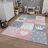 TT Home Kinderteppich Kinderzimmer Teppich Kurzflor Krone Punkte Herzen Regenbogen Weich, Farbe:Grau Rosa Beige, Größe:80x150 cm