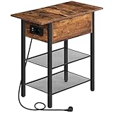 HOOBRO Beistelltisch, Flip-Top Nachttisch mit Steckdose, Sofatisch mit Klappe, verstellbare Füße, Schmaler Beistelltisch für Wohnzimmer, Schlafzimmer, Vintagebraun-Schwarz EBF158CBZ01
