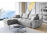 ML Furniture Velvet Ecksofa in L-Form – Hellgrau Sofa – Couch mit Stauraum und Kissen - Ausziehbares Schlafsofa – Sofa mit Schlaffunktion - Schlafsofa mit Bettkasten – Gästebett – 289 x 189 cm