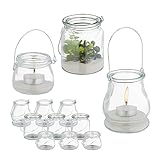 Relaxdays Windlicht Glas, 12er Set, Teelichthalter mit Henkel, 3 versch. Größen, Kerzenglas, rund, transparent/Silber