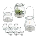 Relaxdays Windlicht Glas, 12er Set, Teelichthalter mit Henkel, 3 versch. Größen, Kerzenglas, rund, transparent/Silber