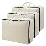 Große weiche Bettwäsche Tasche aus Segeltuch, Pullover mit Reißverschluss aus Naturbaumwolle | Aufbewahrungstasche für Schränke und unter dem Bett, Garment Organizer Bag für Garderobe | 3er Pack