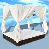 Camerina Outdoor-Loungebett mit Vorhang Rattan Liege Outdoor Garten Lounge Tagesbett Outdoor Sonnenliege Rattan Outdoorbett Poly Rattan Braun