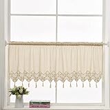 choicehot Scheibengardinen Kurzstores Kurzvorhang Beige Kurzgardinen Küche Quaste Landhausstil Vintage Bistrogardine Baumwolle und Leinen （1 Stück，H60 x B150 cm）