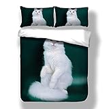 CORYBE bettwäsche Kissen 200x200 cm Katze weiß 3-Teilig Bettbezug-Set mit Reißveschluss Schlafkomfort & Modernes Design Waschmaschinenfest