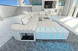 Sofa Bellagio U Form Stoffsofa Wohnlandschaft - mit LED Beleuchtung, verstellbare Kopfstützen, Recamiere/Mikrofaser/Ausrichtung wählbar (Ottomane Links, Elfenbein-Weiß C86)