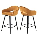chairus Barhocker Drehbar mit Armlehnen Samt Bistrohocker 2er Set Tresenhocker Küche Hoher Hocker mit 4 Beine (Gelb(Samt)-2)