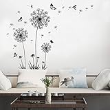 2 Stück Schwarz Wandtattoo Pusteblume Wanddeko Blumen Pflanzen Wandaufkleber Schmetterling Wandsticker für Wohnzimmer Schlafzimmer Flur