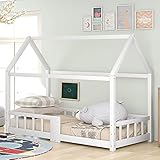 KecDuey Kinderbett Hausbett 90 x 200 cm, Holzbett für Kids, inkl.Tafel, Lattenrosten,Rausfallschutz, aus Kiefernholz (ohne Matratze) (Weiß-1)