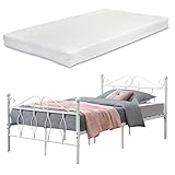 [en.casa] Metallbett Apolda 120x200 cm Jugendbett mit Matratze und Lattenrost Einzelbett mit Kaltschaummatratze bis 300kg Weiß