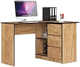 AKORD Eck-Schreibtisch B-16 mit 3 Schubladen und 2 Ablagen | Schreibtisch | ecktisch | Eck Schreibtisch für Home Office | Einfache Montage | B124 x H77 x T85, 48 kg Kraft Eiche