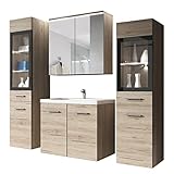 Badmöbel Set Madrit II mit Waschbecken und Siphon, Modernes Badezimmer, Komplettprogramme für Badezimmer, Spiegelschrank, Waschtisch, Hochschrank (San Remo, ohne Beleuchtung)