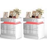PIPIPOXER 2X Nachttisch mit LED Beleuchtung, Beistelltisch in weiß mit großen Stauraum,Nachttische aus Holz mit 2 Schubladen Nachtschrank für Wohnzimmer,Schlafzimmer,Bett Weiß 45x35x52cm