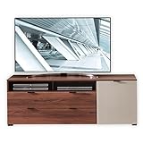 Stella Trading ZENO TV-Lowboard in Nussbaum Optik, Basalt Glas - Moderner TV Schrank mit Schubladen und viel Stauraum für Ihr Wohnzimmer - 160 x 57 x 44 cm (B/H/T)