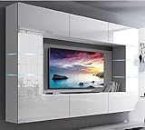 Furnitech Future C61 Wohnzimmer Wandschrank Möbel Schrankwand Hochglanz Wohnwand Mediawand mit LED Beleuchtung (LED weiß, 61/HG/W/2 1A)