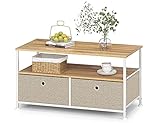 Beistelltisch Couchtisch Kaffeetisch Metall mit 2 Schubladen aus Stoff und Offenem Fach Sofatisch Quadratisch TV Schrank Klein mit Ordnungsboxen aus Holz und Stahl für Wohnzimmer Weiß & Beige