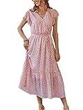 JIER Frauen Retro Sommer Midi Kleider Polka Dot Gedruckt V-Ausschnitt Kurzarm Hohe Taille A-Linie Kleid (Pink,XL,XL)