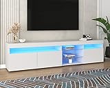 Azkoeesy TV Lowboard Hochglanz mit LED-Beleuchtung 180cm Fernsehschrank TV-Schrank TV-Kommode - 3 Türen & Glasregal (Weiß)