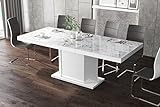 Design Esstisch Tisch HE-333 Hochglanz Stauraum für Geschirr 160 bis 256 ausziehbar, Farbe:Marmoroptik Hochglanz - Weiß Hochglanz