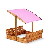 Premium Imprägniert Sandkasten mit Dach mit Sonnenschutz mit UV-Schutz Sandbox mit Abdeckung mit Sitzbänken mit Deckel mit Plane Sandkiste Sandkastenvlies Holz Rosa