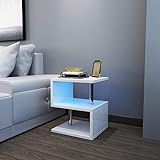 YOLEO Beistelltisch weiß, Sofatisch Nachttisch mit LED, Couchtisch Betttisch 3 Ebenen für Wohnzimmer, Schlafzimmer, Flur, Büro 52x44x38 cm (1)